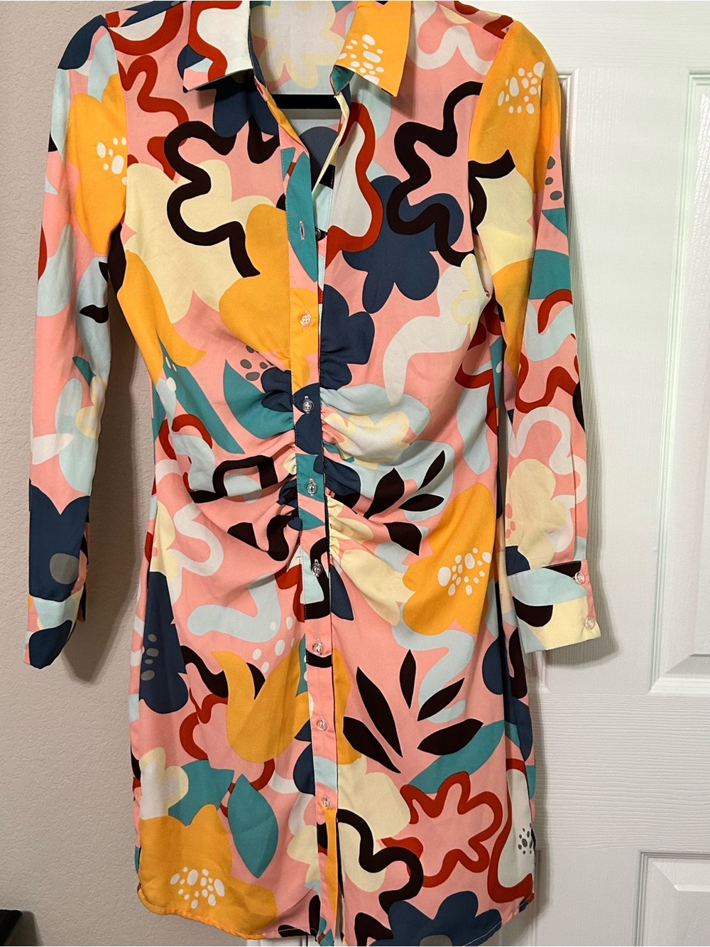 One-n-More long-sleeve ruched button-down shirt dress size (Small)